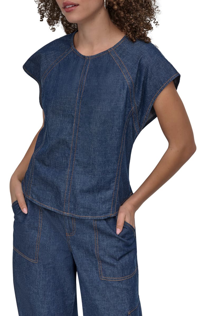 DKNY Contrast Stitch Denim Top, Main, color, Crosby