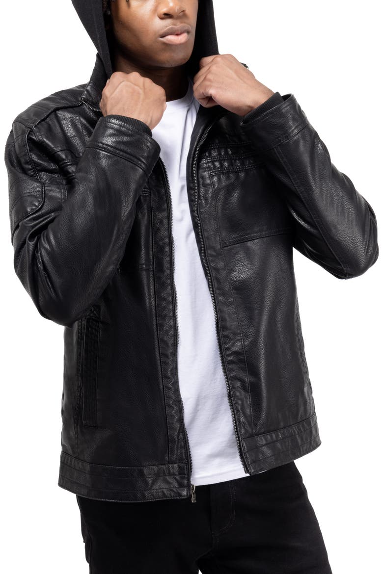 Faux Leather Hooded Moto Jacket with Faux Fur Lining, Alternate, color, BLACK