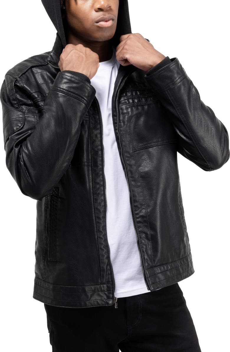 XRAY Faux Leather Hooded Moto Jacket with Faux Fur Lining, Alternate, color, Black