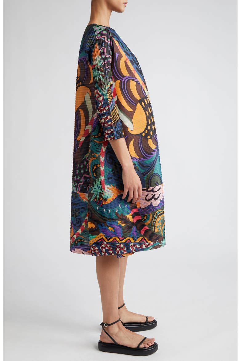 Snowrunner Print Pleated Long Sleeve Shift Dress, Alternate, color, DARK BLUE