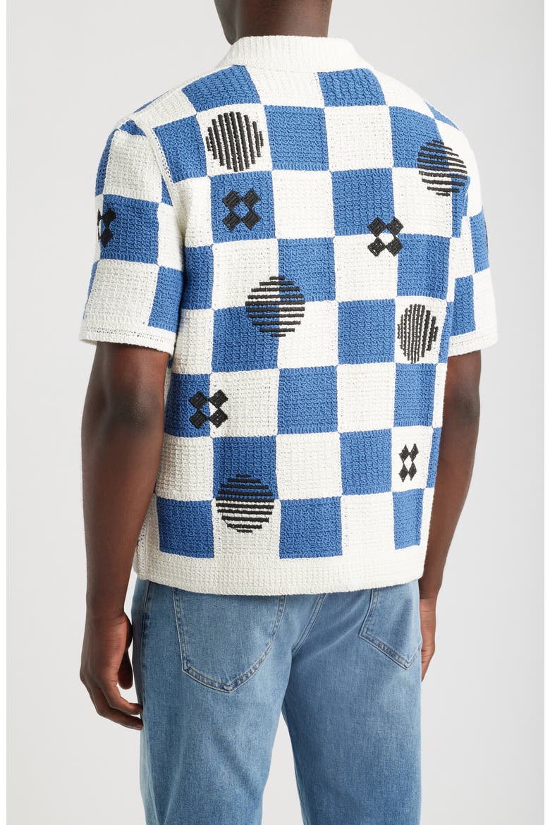 Porto Check Embroidered Cotton Crochet Polo, Alternate, color, ECRU / BLUE