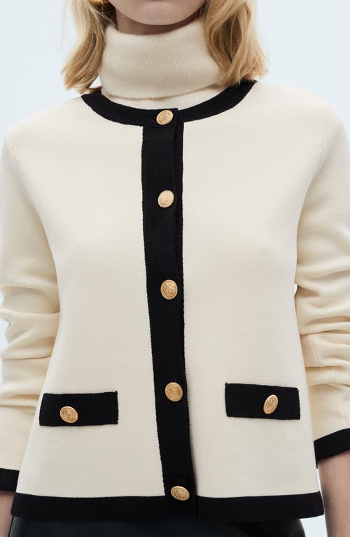 Mango Contrast Trim Short Sleeve Cardigan In Ecru