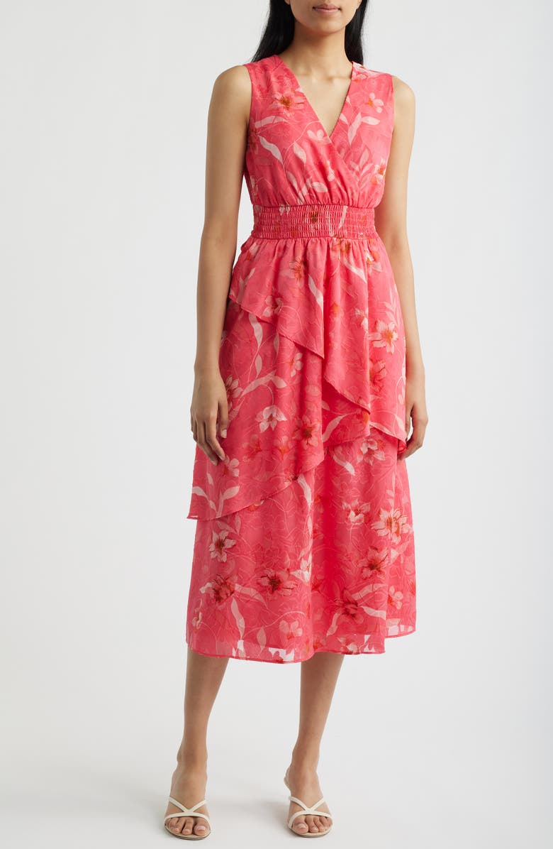 Anne Klein Tiered Asymmetric Midi Dress, Main, color, Grenadine Multi