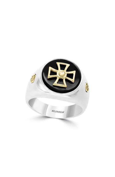 Sterling Silver & 18K Gold Onyx Cross Signet Ring