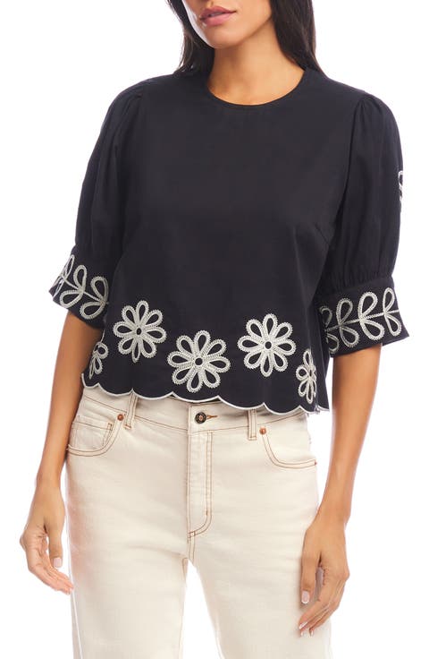 Embroidered Scallop Puff Sleeve Cotton Top (Regular & Petite)