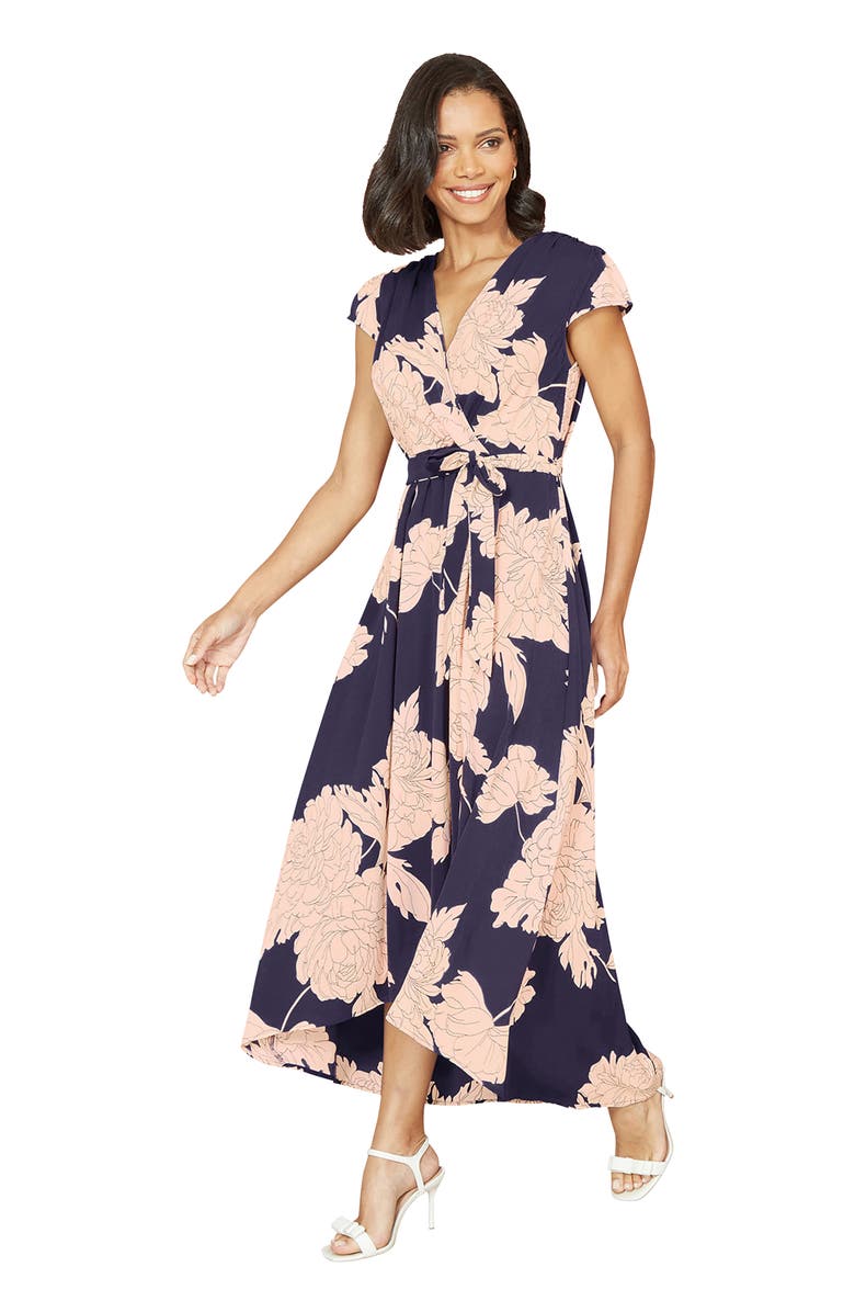 Yumi Blossom Print Dipped Hem Wrap Midi Dress, Alternate, color, Navy