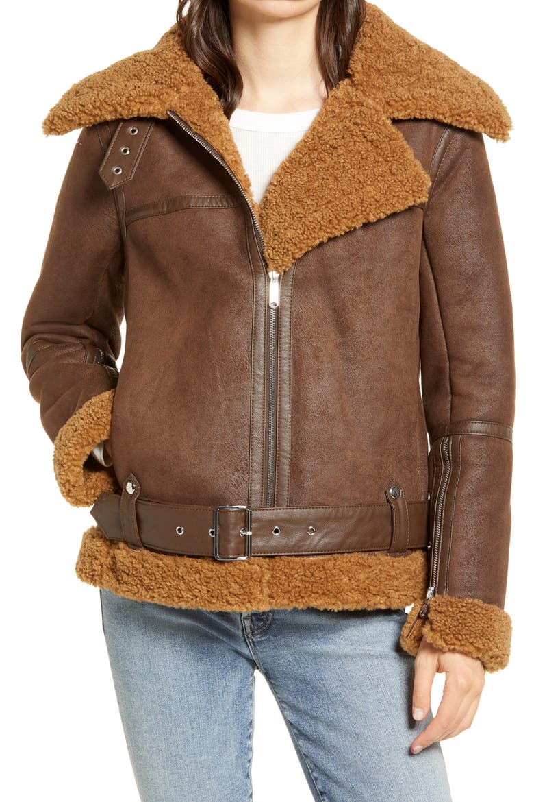 Faux Shearling Moto Jacket, Alternate, color, BROWN