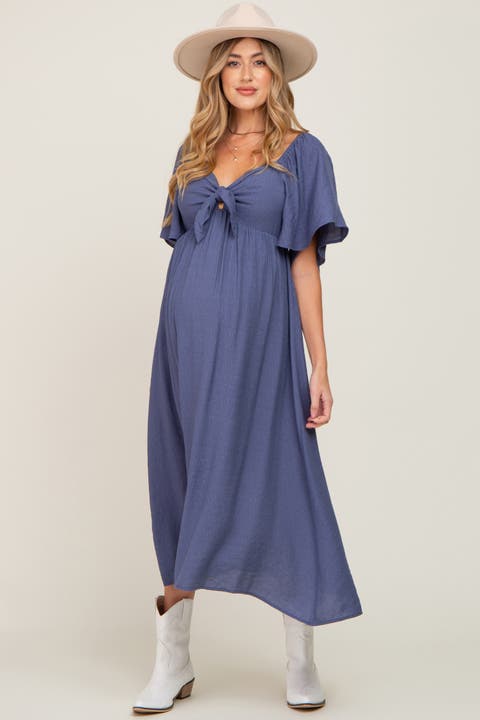 Front Tie Ruffle Sleeve Midi Dress