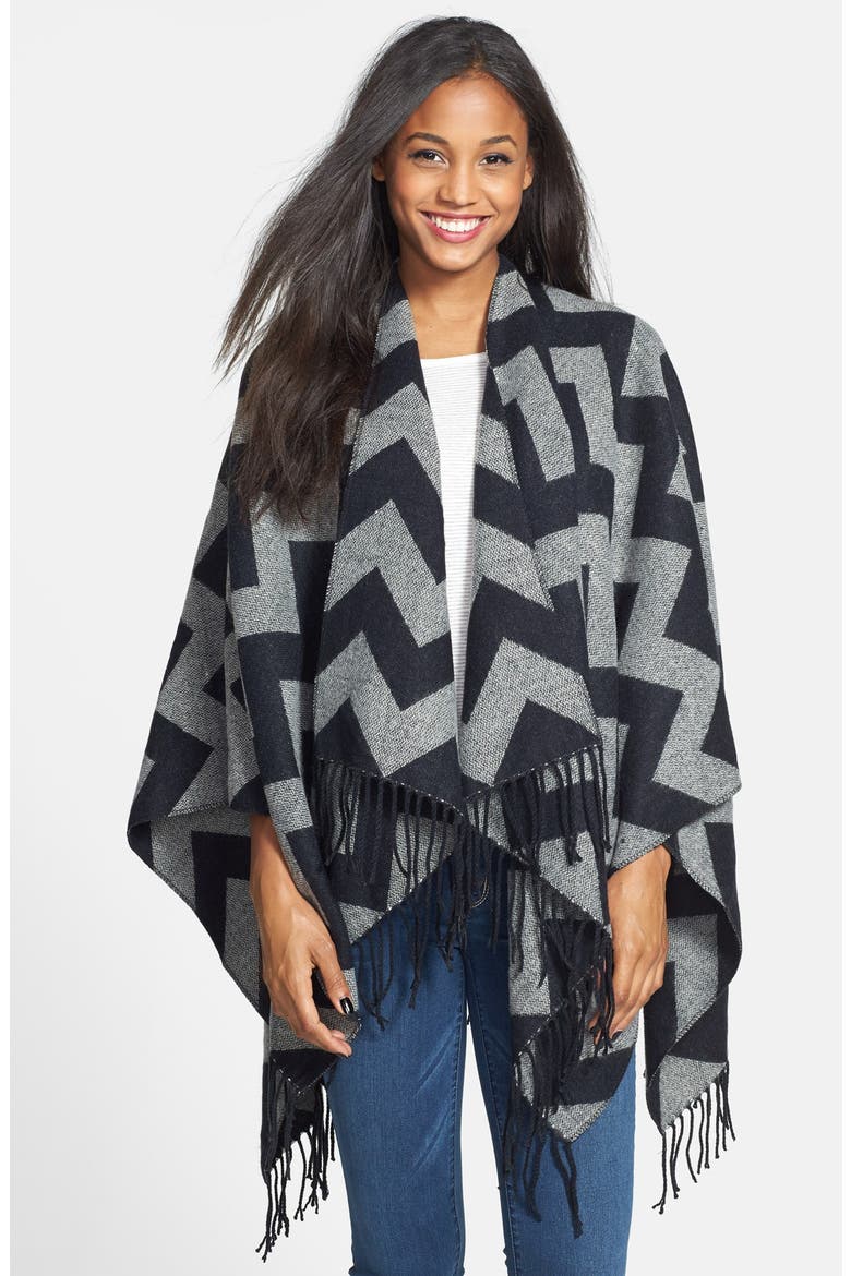 Print Tassel Trim Poncho, Main, color, CHEVRON