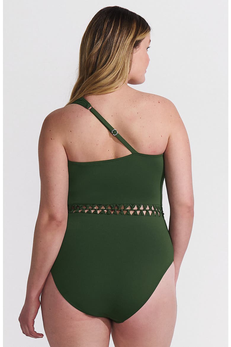 Macrame One Shoulder High Leg One Piece Swimsuit, Alternate, color, Rich Olive Green