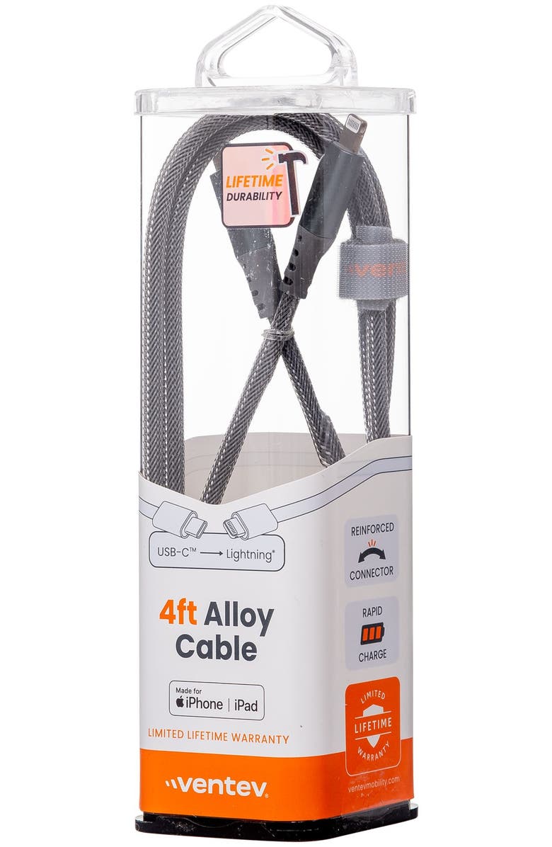 Ventev Alloy USB-C to Apple Lightning High Speed Ultradurable 4 Foot Cable, Alternate, color, Silver