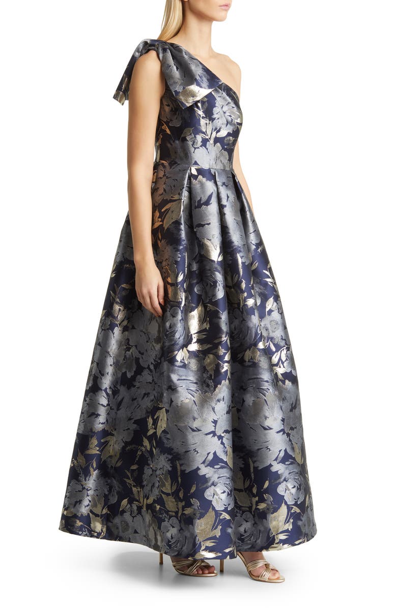 Eliza J Metallic Floral Asymmetric Gown, Alternate, color,