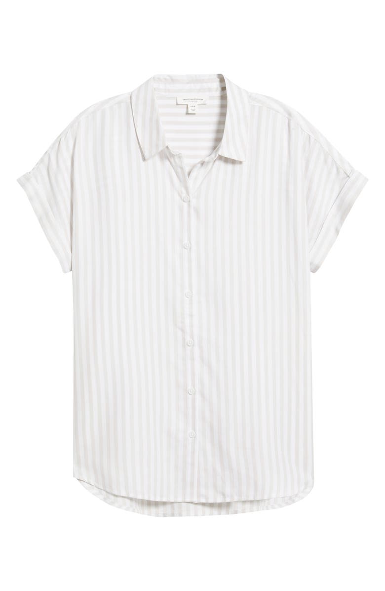 beachlunchlounge Kenzie Stripe Short Sleeve Button-Up Shirt, Alternate, color, Dry Almond