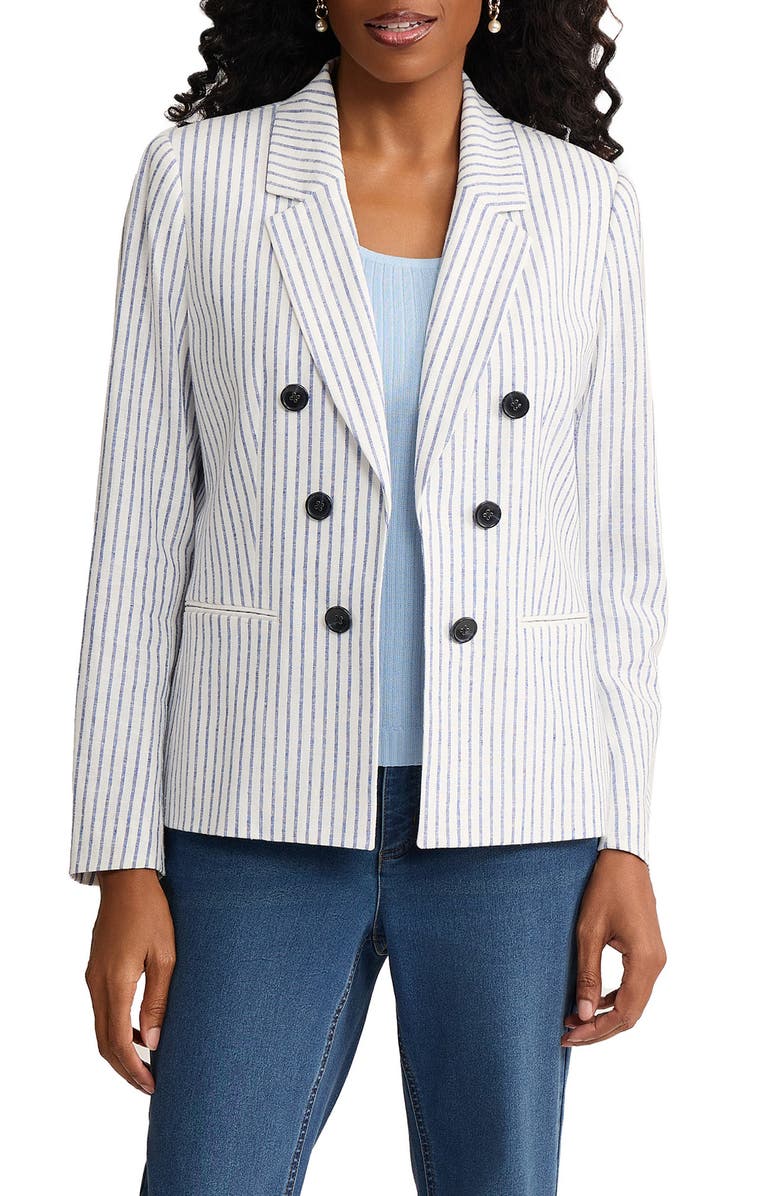 Jones New York Stripe Faux Double Breasted Linen Blend Jacket, Main, color, Natural White/ Lt Sapphire