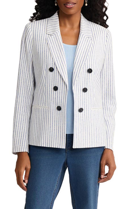 Stripe Faux Double Breasted Linen Blend Jacket (Regular & Petite)
