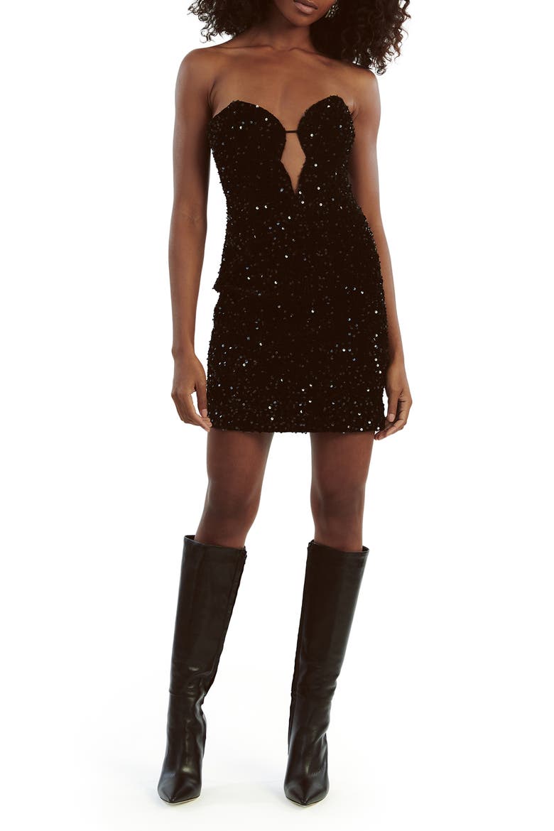 Eleni Sequin Plunge Neck Strapless Velvet Minidress, Main, color, BLACK SEQUIN
