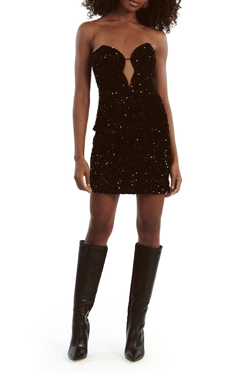 Bardot Eleni Sequin Plunge Neck Strapless Velvet Minidress, Main, color,