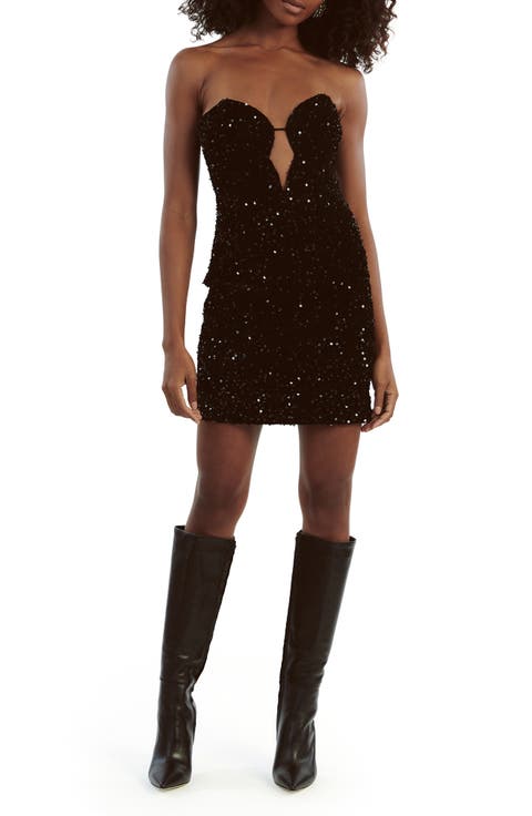 Eleni Sequin Plunge Neck Strapless Velvet Minidress