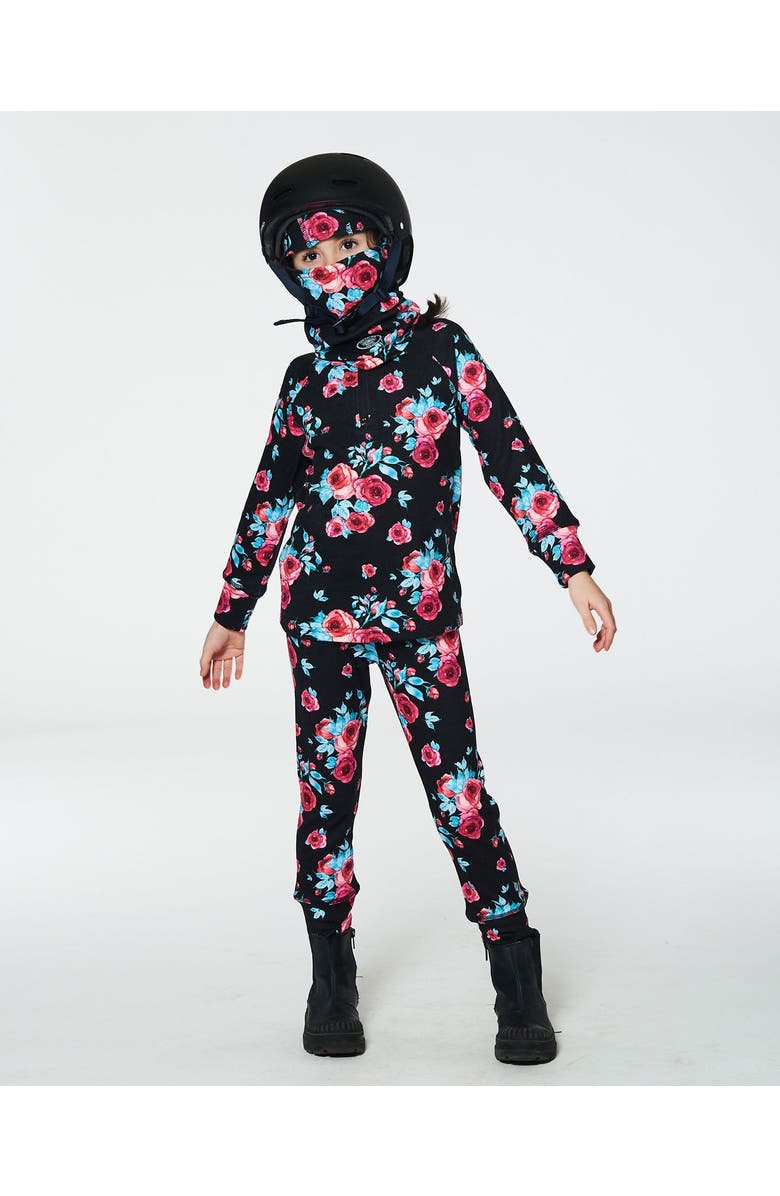 Deux par Deux Girl's Two Piece Thermal Underwear Set Black Printed Roses, Alternate, color,