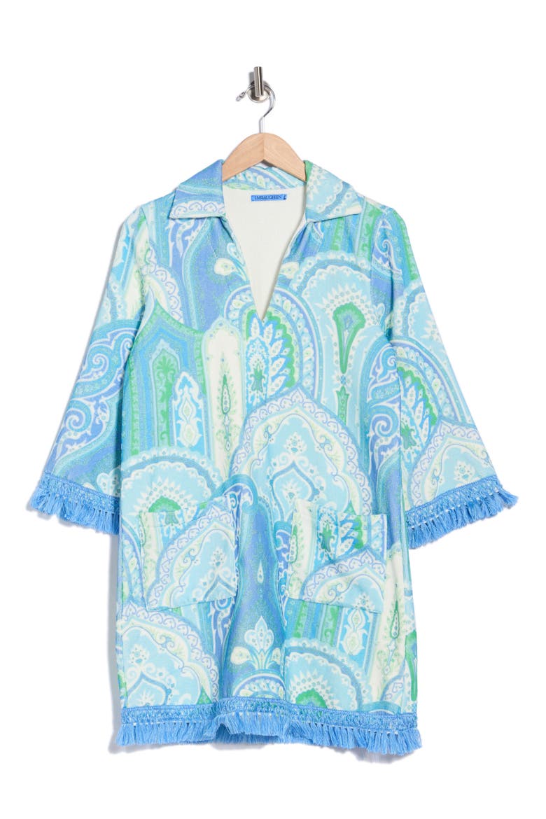 Maya Fringe Trim Terry Tunic Dress, Alternate, color, GRASS/ LAPIS BLUE