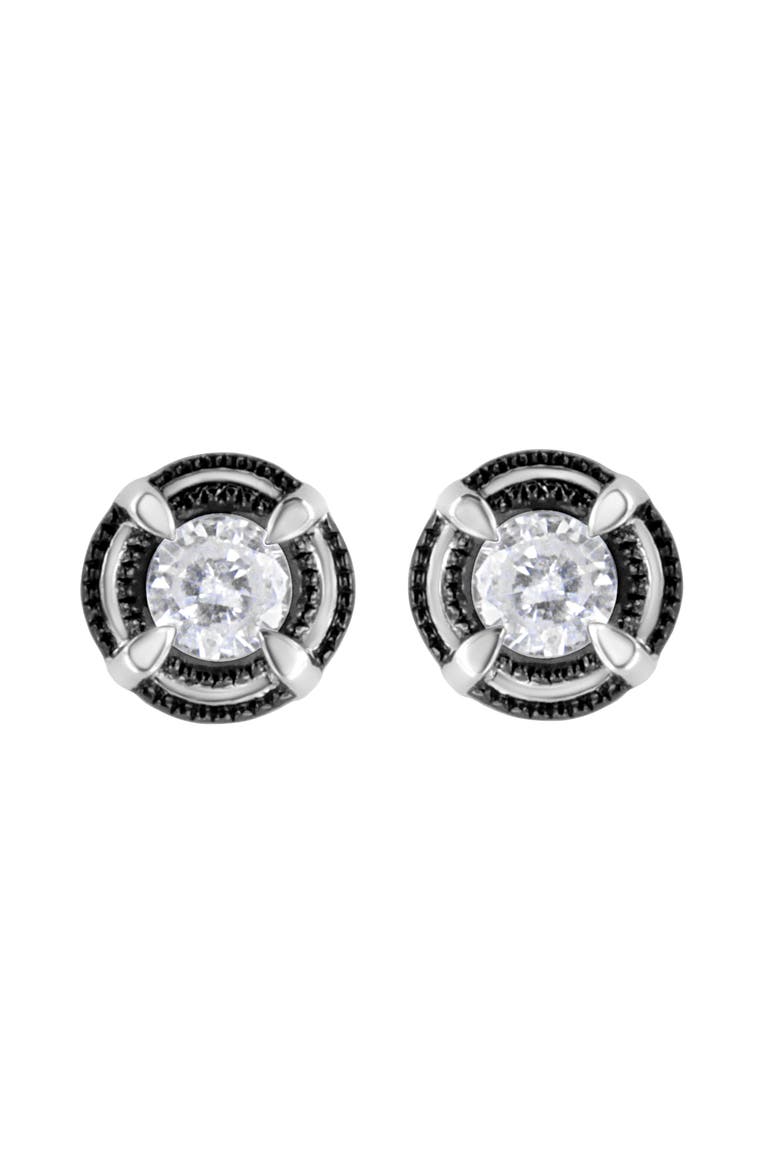 Black Rhodium Plated Silver 1/2 Ct Diamond Halo Solitaire Milgrain Stud Earrings, Main, color, White