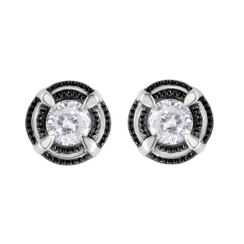 Black Rhodium and Silver 1-1/2 Ct Double Halo Solitaire Milgrain Stud Earrings