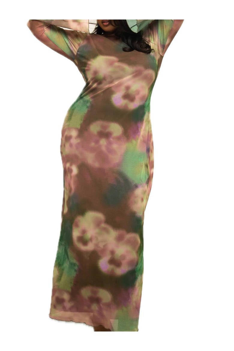Plus Size Floral Print Mesh Maxi Dress, Alternate, color, Green