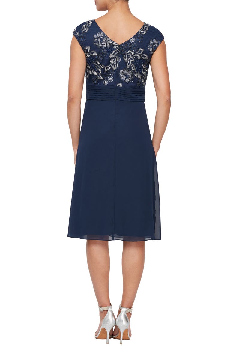 Embroidered Bodice A-Line Cocktail Dress, Alternate, color, NAVY/SILVER