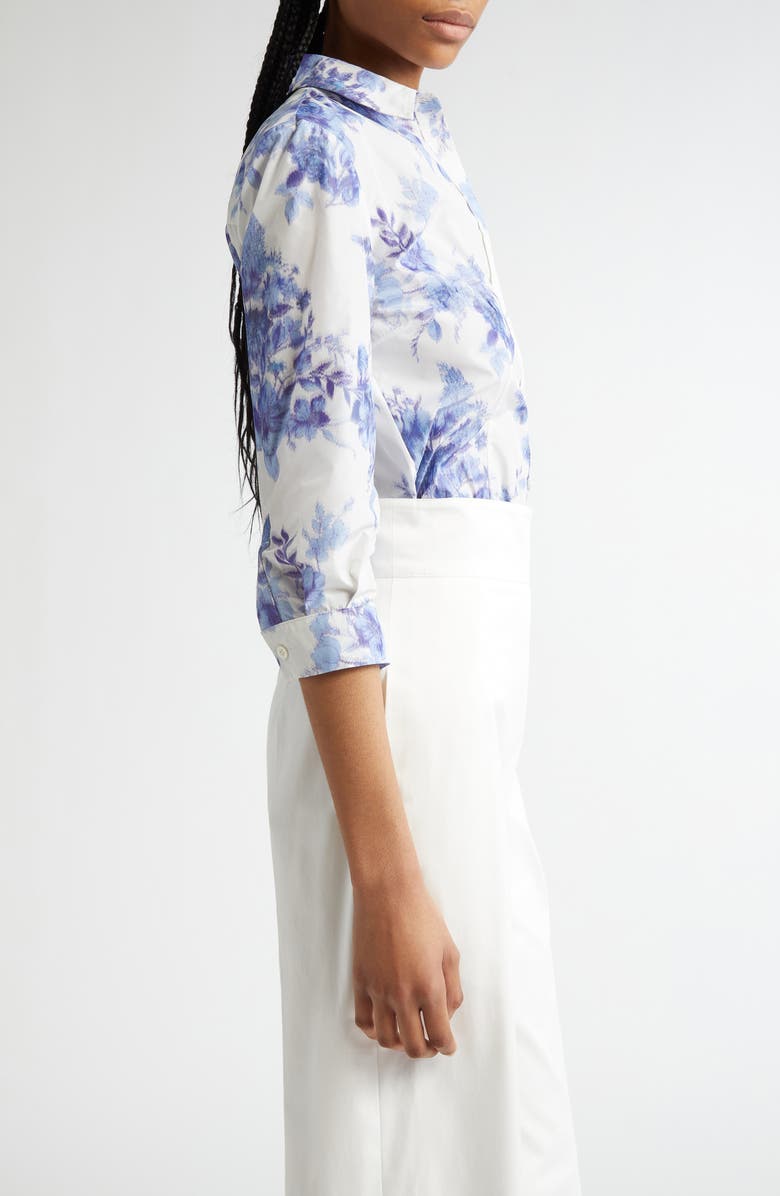 Carolina Herrera Icon Floral Taffeta Button-Up Shirt, Alternate, color, Ivory/ Blue