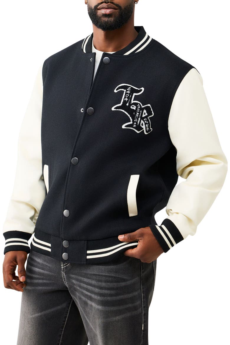 Property Of None Varsity Jacket, Alternate, color, JET BLACK/ WINTER WHITE