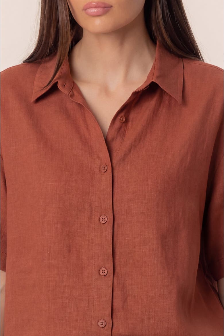 Relaxed Fit Folded Cuff Short Sleeve Linen Blend Shirt, Alternate, color, Chocolate Brown