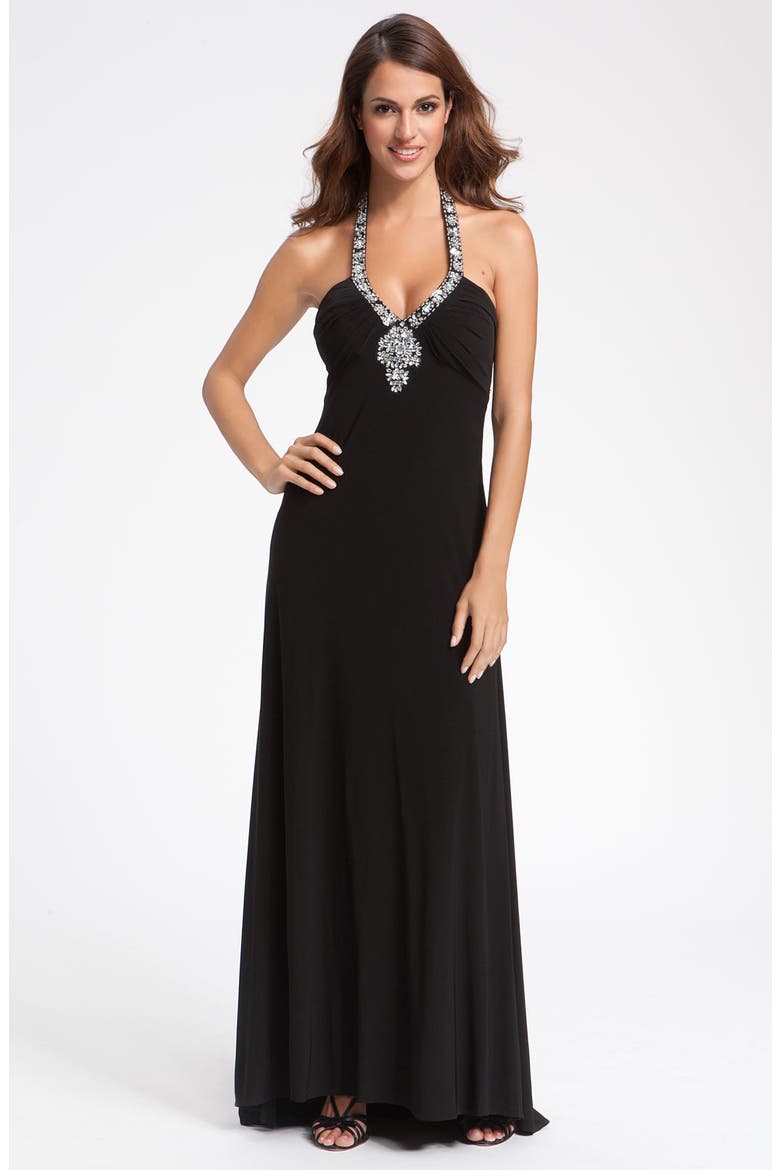 Betsey & Adam Jeweled Jersey Gown, Main, color, BLACK/ SILVER