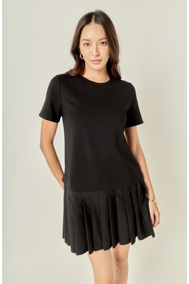 Mixed Media Pleated Minidress, Alternate, color, BLACK