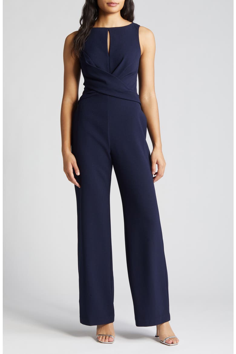 Cross Front Keyhole Wide Leg Crepe Jumpsuit, Main, color, NAVY