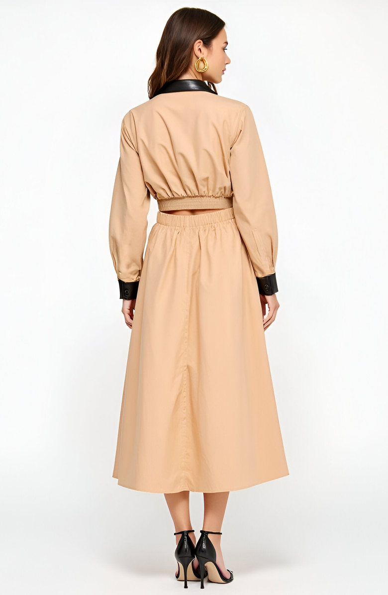 Modenaire Long Sleeve Midi Shirt Dress with Faux Leather Trim and Side Pockets, Alternate, color, 