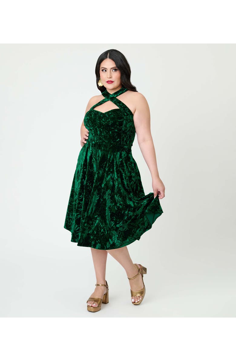 Unique Vintage Plus Size 1950s Criss Cross Halter Rita Flare Dress, Main, color, Emerald