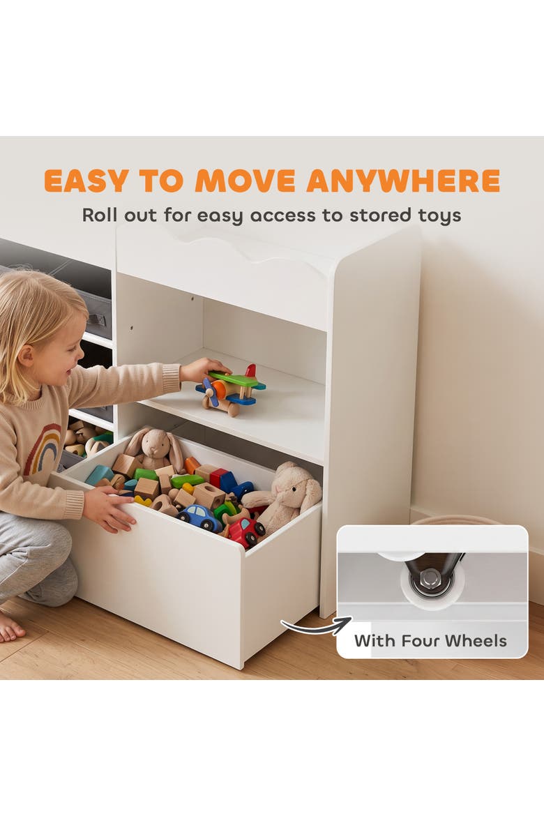 Kids Toy Storage Organizer, Kids Bookshelf with 8 Fabric Bins, 2 Rolling Drawers, Magazine Rack, Open Shelves, for Playroom, Kids Room, White, Alternate, color, White