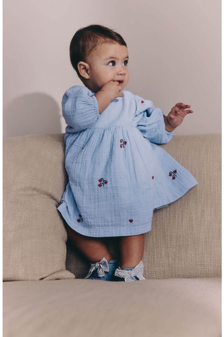 Embroidered Long Sleeve Cotton Gauze Dress, Alternate, color, BLUE