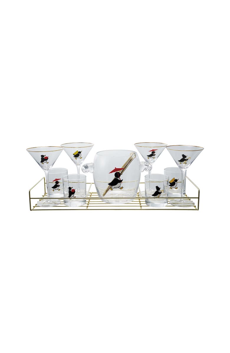 Storied Home 11-Piece Vintage Reproduction Glass Barware Set with Penguin Decal, Gold Finish, Main, color, Pink