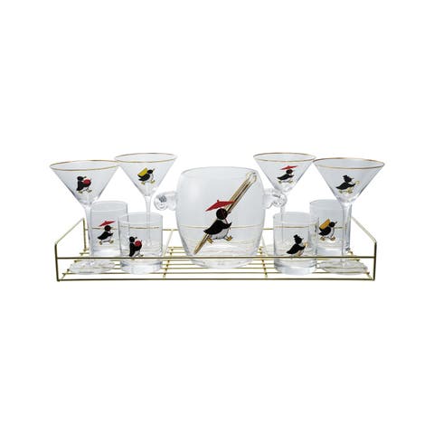 11-Piece Vintage Reproduction Glass Barware Set with Penguin Decal, Gold Finish