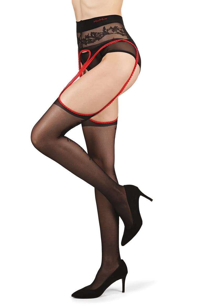 Garden of Eden Suspender Tights, Main, color, BLACK-RED