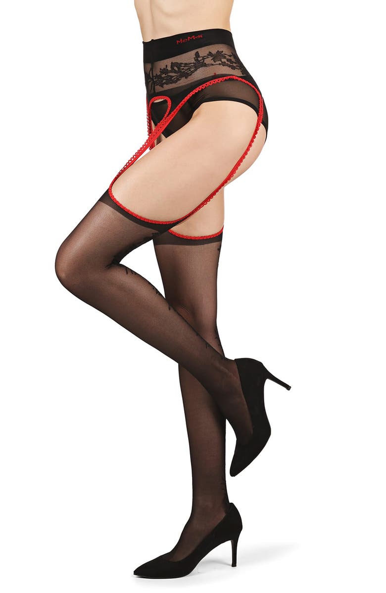 MeMoi Garden of Eden Suspender Tights, Main, color, Black-Red