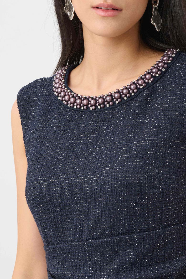 Lurex Boucle Flounce Dress with Pearl Trim, Alternate, color, Navy/Black
