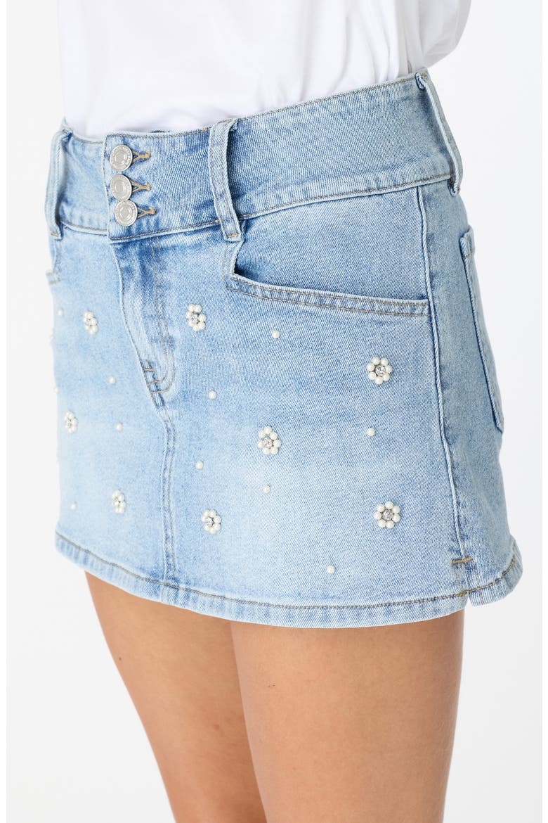 Simone Faux Pearl Embellished Denim Miniskirt, Alternate, color, LIGHT WASH
