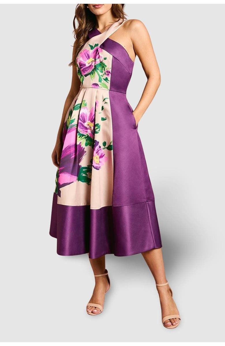 Coast Printed Cross Neck Satin Midi Dress, Alternate, color, Purple