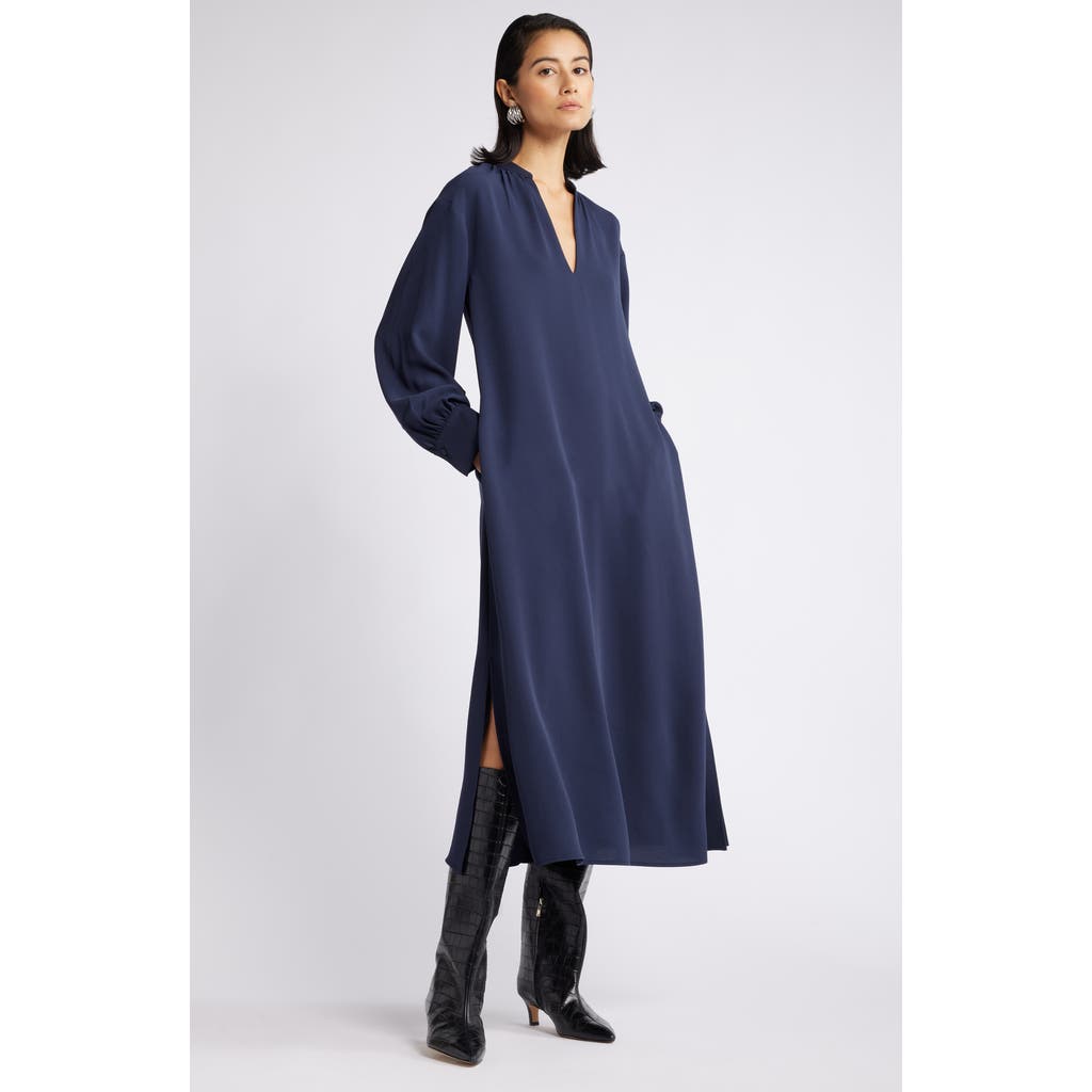 Nordstrom Gathered Long Sleeve Side Slit Maxi Dress In Navy Night