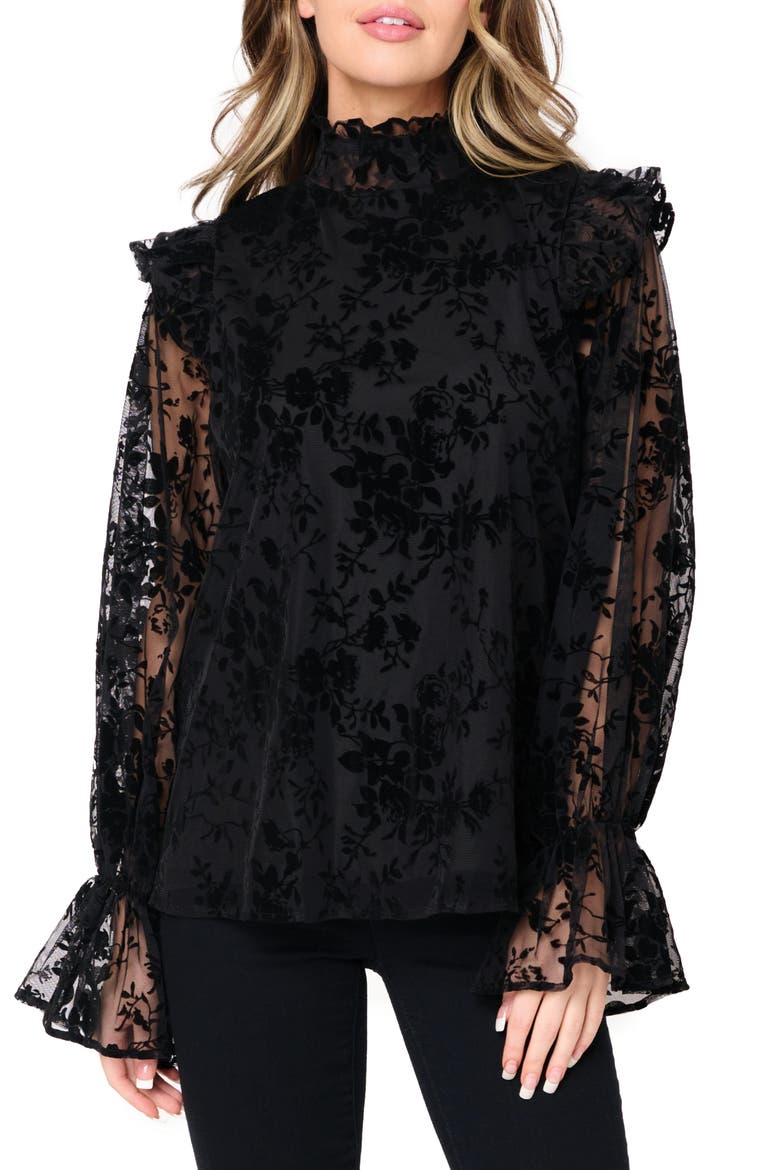 Flocked Mock Neck Top, Main, color, BLACK