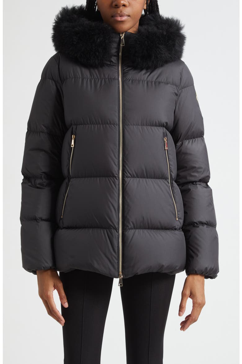 Laichefur Down Hooded Jacket with Removable Genuine Shearling Trim, Main, color, BLACK