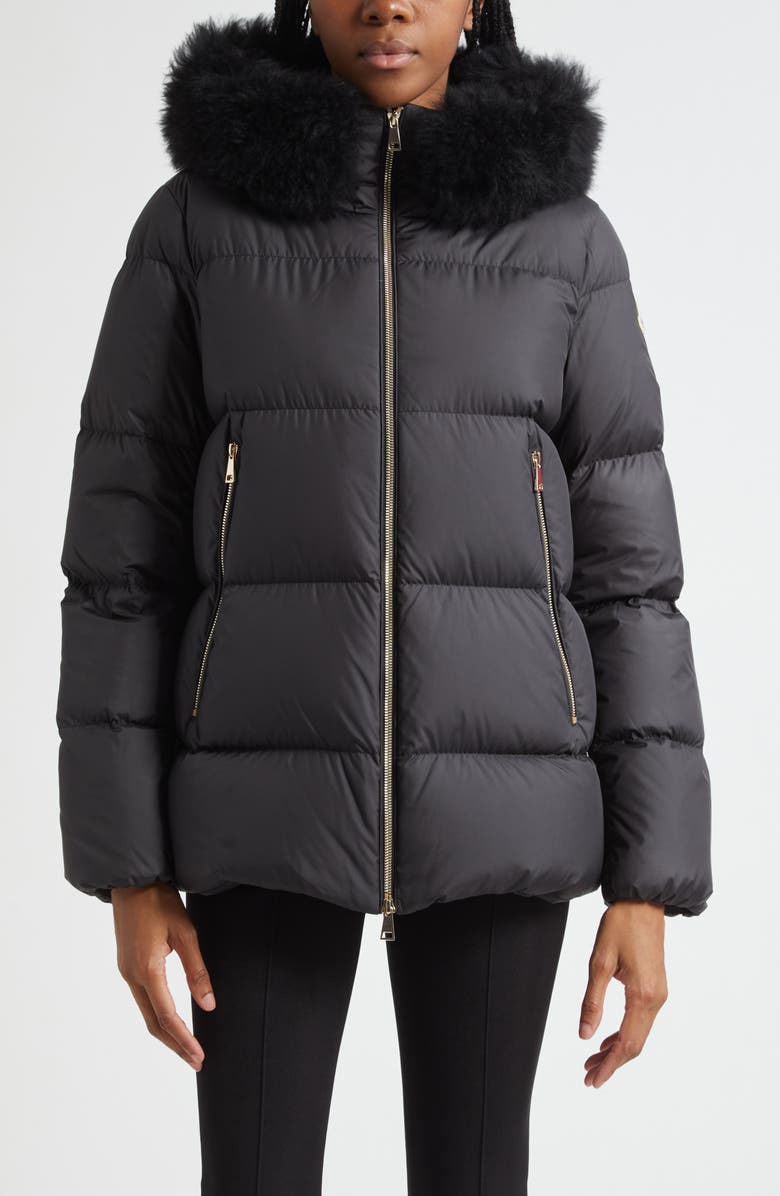 Moncler Laichefur Down Hooded Jacket with Removable Genuine Shearling Trim, Main, color, Black