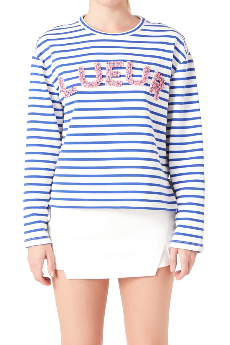 Lueur Stripe Long Sleeve Knit Top, Alternate, color, WHITE/ BLUE